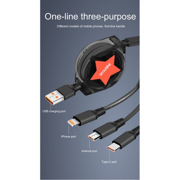 سلك شاحن 3 في 1 قابل للسحب، للأيفون والتايب سي والمايكرو الصغير لون أزرق - الصورة 2