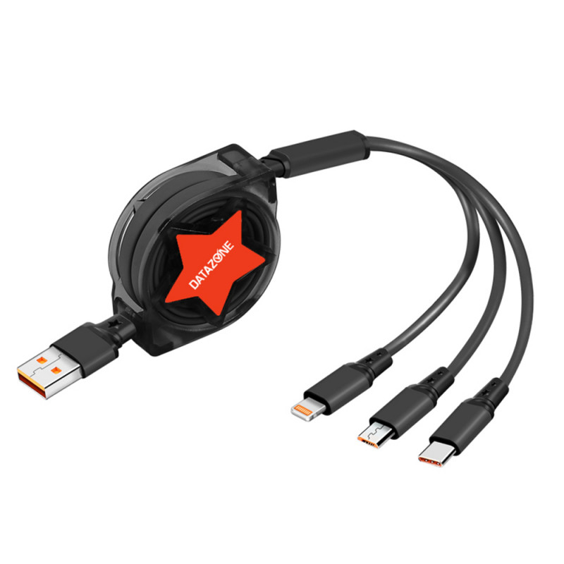 سلك شاحن 3 في 1 قابل للسحب، للأيفون والتايب سي والمايكرو الصغير لون أزرق