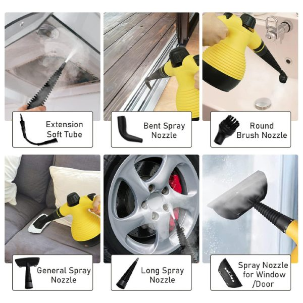 منظف بخاري عالي الضغط 350 مل بقوة 1200 واط، متعدد الأغراض محمول للتنظيف اليدوي مع 9 ملحقات مثالي لإزالة البقع في تنجيد السيارات والمنزل والمطبخ والسجاد والأريكة - الصورة 6